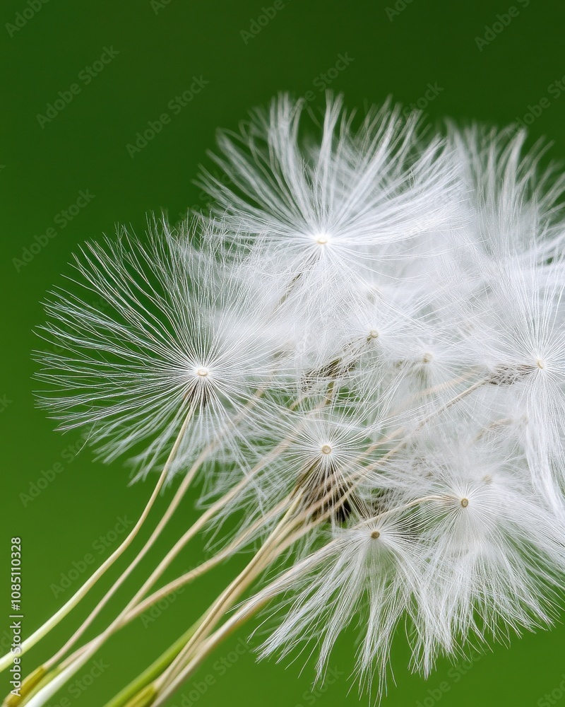 Fototapeta premium A close-up view of delicate dandelion seeds, showcasing their intricate structures against a soft green background.