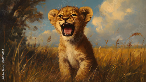 A baby lion cub practicing its first roar in the grasslands, developing vocalization and communication skills. photo