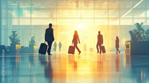 Business Travelers in Airport Terminal - Flat Illustration of People with Luggage in Modern Airport with Copy Space for Text