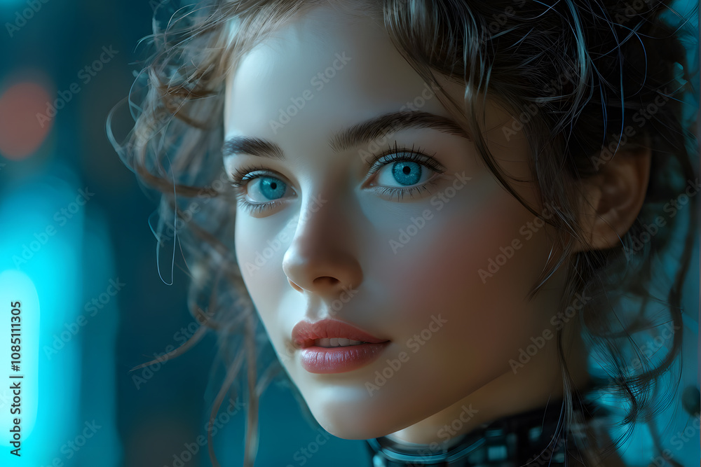 A woman with blue eyes and a black necklace A woman with blue eyes and a black necklace