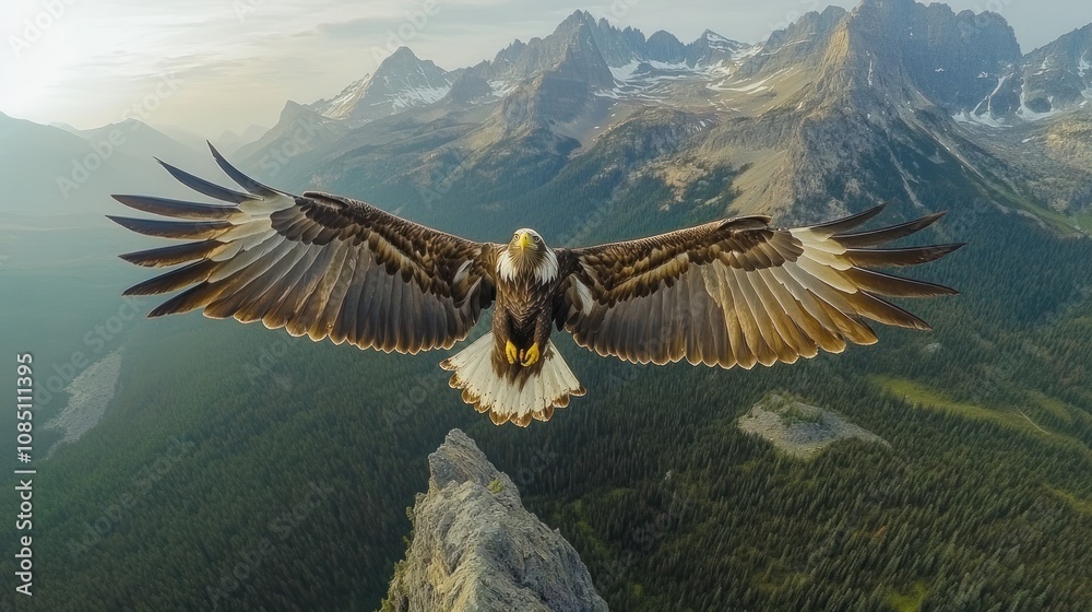 Obraz premium A drone shot of an eagle soaring over a tall mountain. See the eagle's broad wings and the beautiful view of the mountains and forest below.