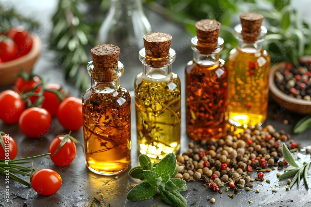 Assortment of Infused Oils and Fresh Ingredients for Culinary Uses Assortment of Infused Oils and Fresh Ingredients for Culinary Uses