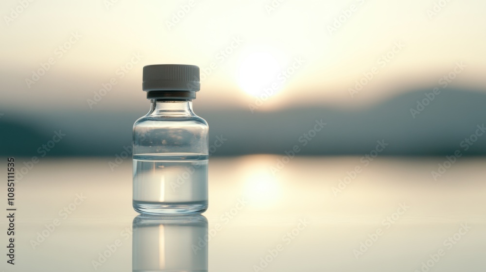 Clear glass vial containing liquid stands against a serene sunset backdrop, representing health, science, and pharmaceutical advancements in a calm atmosphere. Clear glass vial containing liquid stands against a serene sunset backdrop, representing health, science, and pharmaceutical advancements in a calm atmosphere.