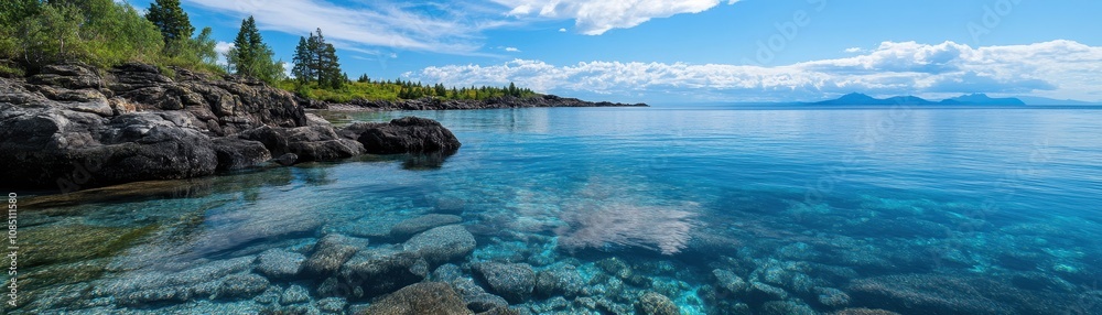 Scenic rocky shoreline on a remote island, showcasing nature's rugged beauty and tranquil coastal landscapes. Scenic rocky shoreline on a remote island, showcasing nature's rugged beauty and tranquil coastal landscapes.