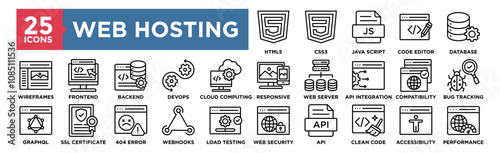 Web Hosting  icon collection set. Containing design HTML5, CSS3, Java Script, Code Editor, Database Management