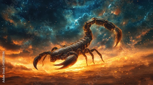 Horoscope for Scorpio A large scorpion holds its tail high amidst a vast desert and a cloudy sky. photo