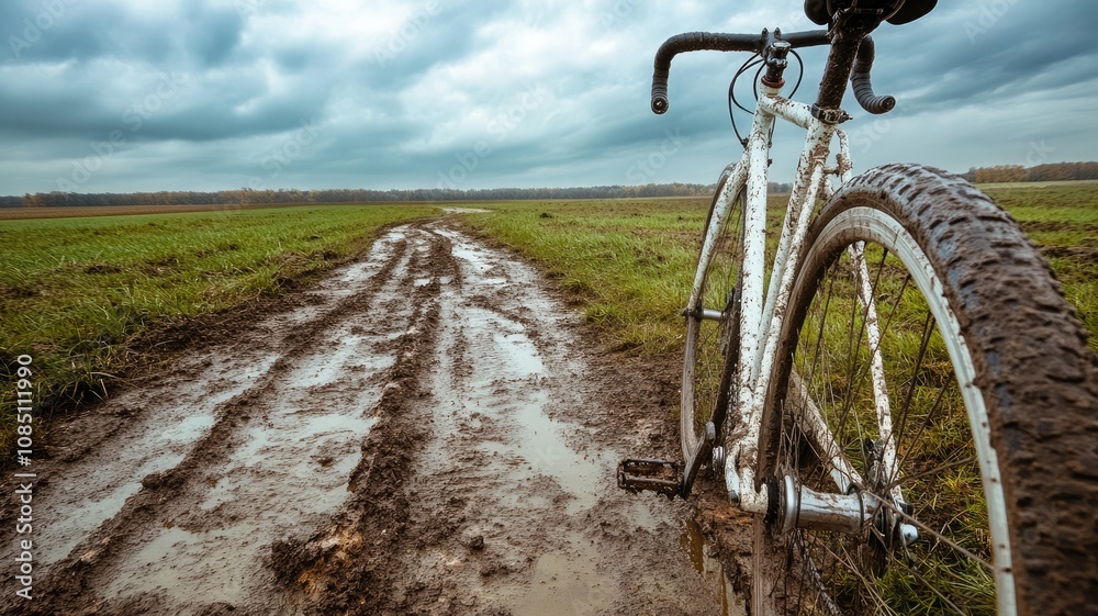 the rear wheel and an ultralight racing bicycle on a dirt road with mud, in an open field under a cloudy sky,generative ai the rear wheel and an ultralight racing bicycle on a dirt road with mud, in an open field under a cloudy sky,generative ai