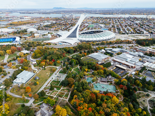 Aerial view of Olympic stadium and Botanic garden. Montreal, Quebec, Canada photo