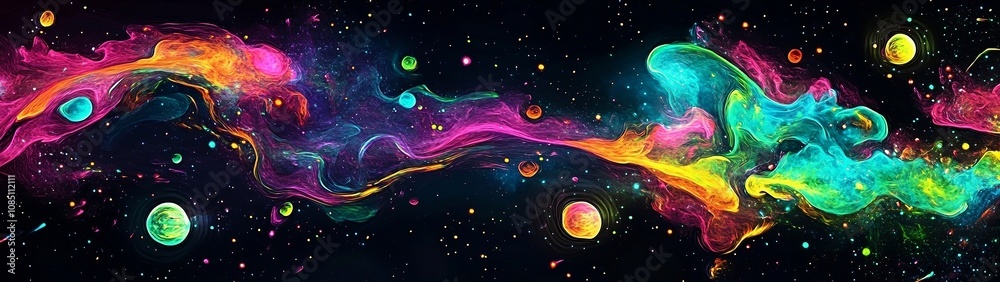 Dynamic Abstract Neon Waves: A Fusion of Bold Hues in a Mesmerizing Dark Background with Vibrant, Flowing Gradients and Starry Accents.