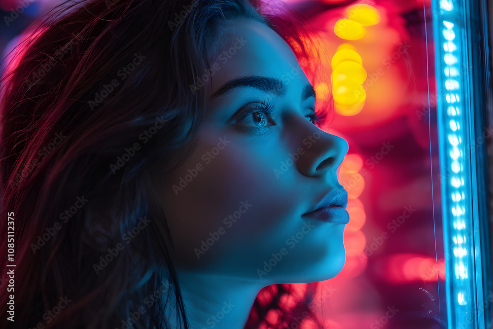 A woman with long dark hair is looking out of a window A woman with long dark hair is looking out of a window