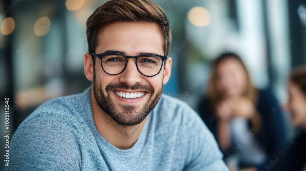 Young Man Smiling in Modern Workspace Setting Young Man Smiling in Modern Workspace Setting