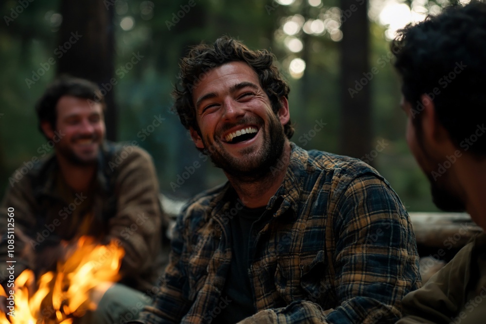 Friends Sharing Laughter Around a Campfire in the Woods Friends Sharing Laughter Around a Campfire in the Woods