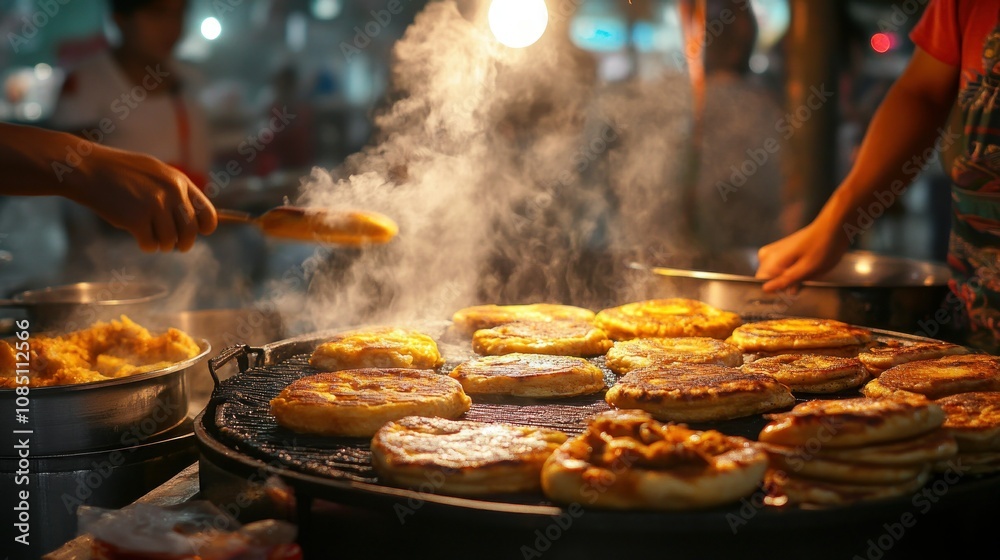 A crowded night market stall serving martabak manis