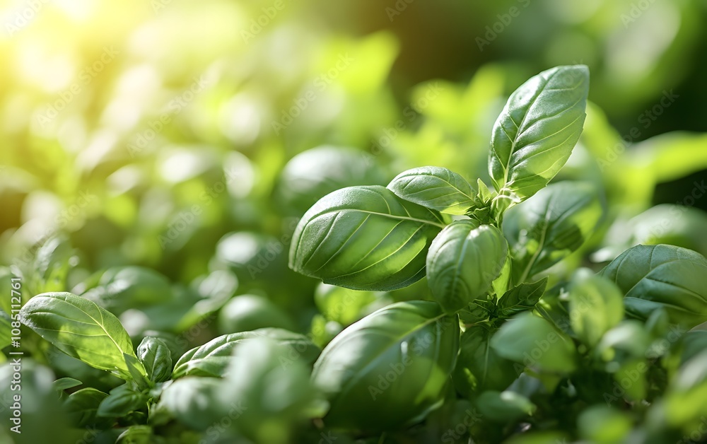 Close-up of vibrant basil leaves illuminated by sunlight.