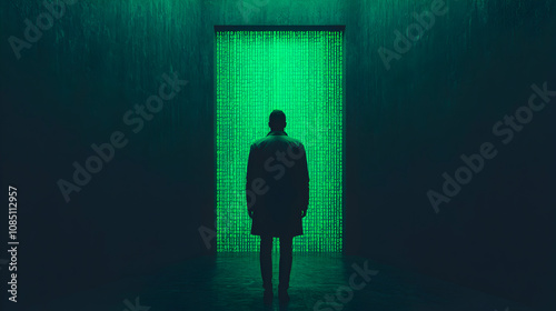 Mysterious encounter at a digital gateway urban setting conceptual art dark atmosphere abstract viewpoint technology themes