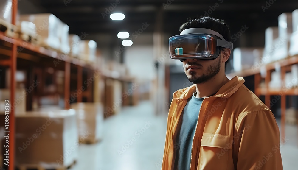 Warehouse Worker Uses Virtual Reality Headset for Inventory Warehouse Worker Uses Virtual Reality Headset for Inventory