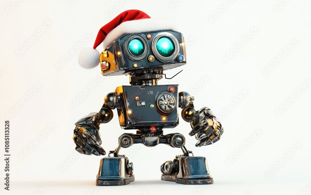 Christmas Robot with Santa Hat: A cheerful robot wearing a Santa hat, holding a wrapped Christmas gift, on a white background Christmas Robot with Santa Hat: A cheerful robot wearing a Santa hat, holding a wrapped Christmas gift, on a white background