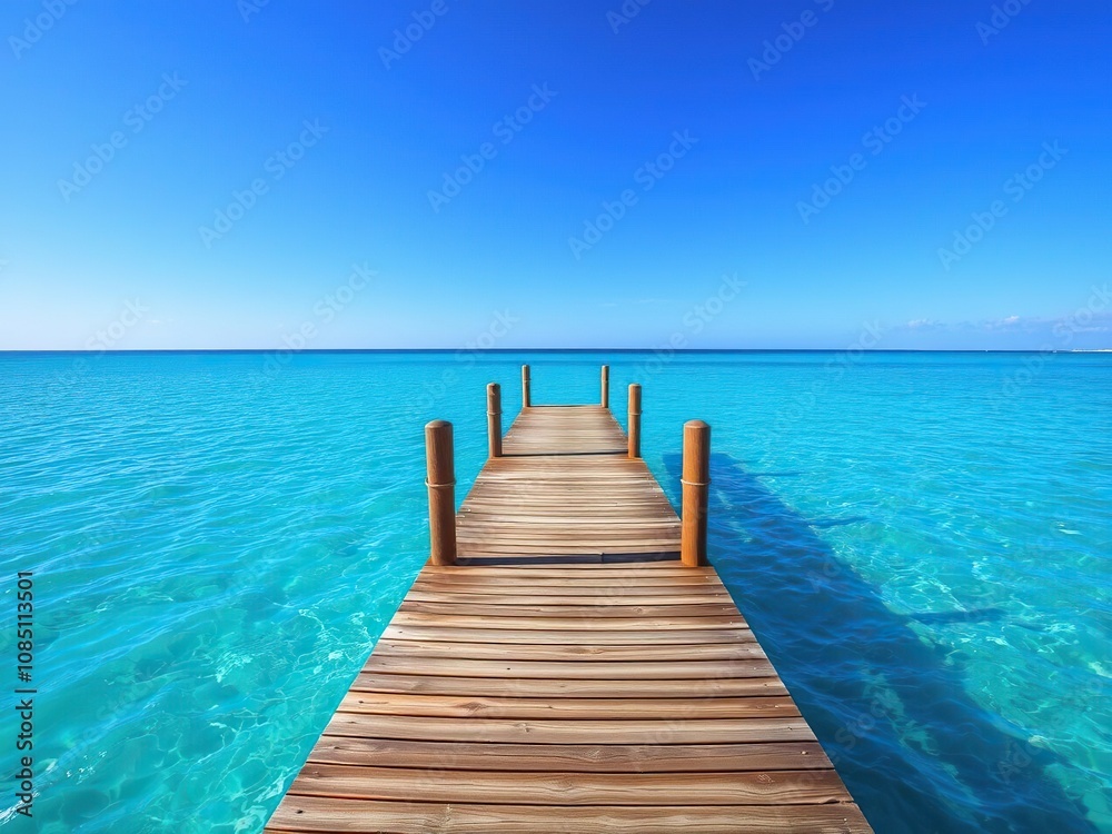 Obraz premium A wooden pier stretching into a vibrant sky blue sea, serene, nautical, wooden pier