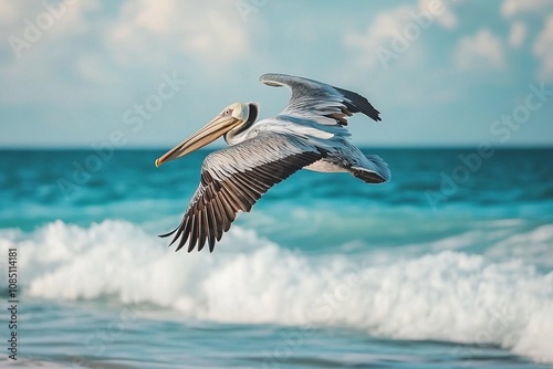 A Majestic Pelican Soaring Above Turquoise Waters photo