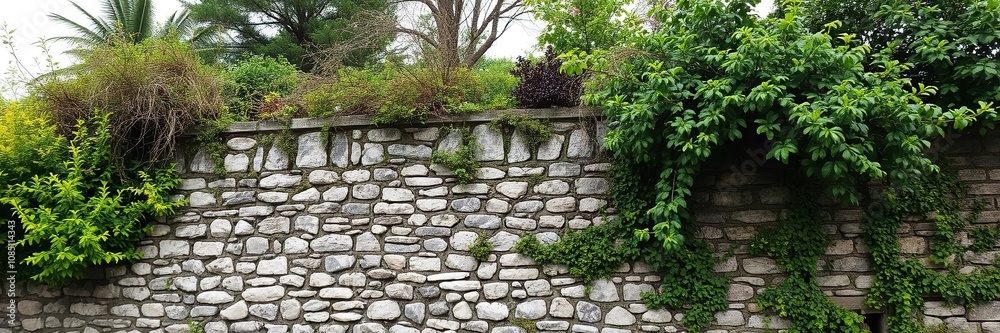 Old stone wall with overgrown trees and bushes, aged, historic, forgotten Old stone wall with overgrown trees and bushes, aged, historic, forgotten