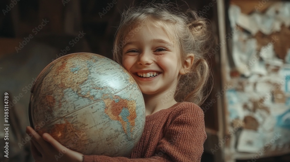 A young girl is holding a globe and smiling A young girl is holding a globe and smiling