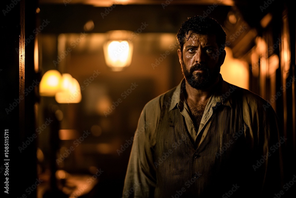 A Moment of Reflection: A Rugged Character in Dim Lighting A Moment of Reflection: A Rugged Character in Dim Lighting