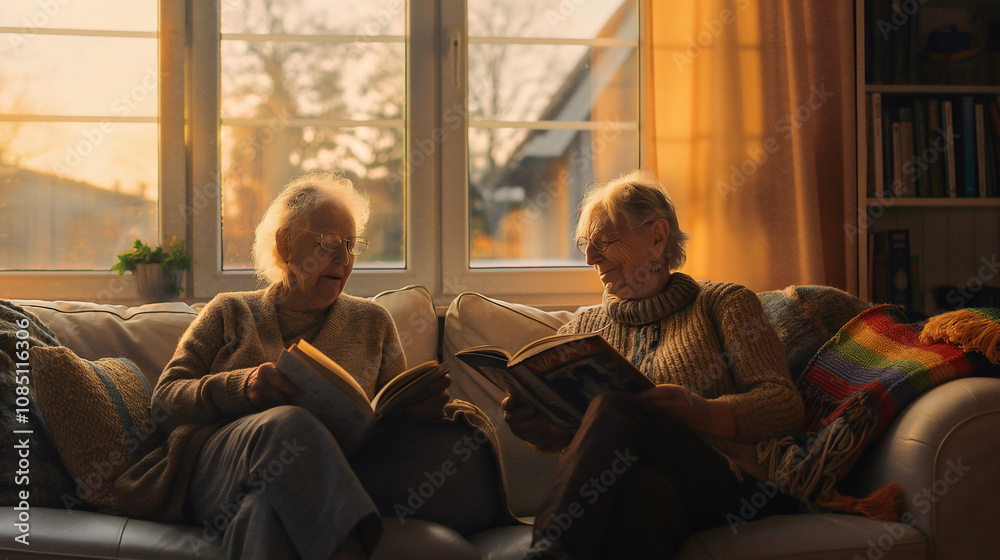 In a warm living room bathed in golden hour light, an elderly lesbian couple shares a peaceful moment