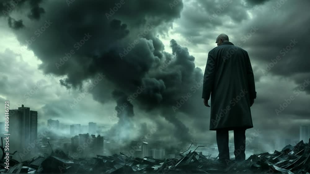 A gloomy man stands against the backdrop of a burning city. Horrible visions of the apocalypse. Dark character concept. The theme of the apocalyptic end of the world. Scary video clip. 