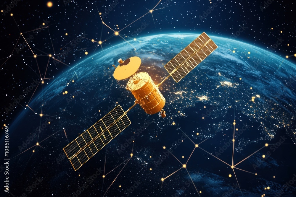 Satellite orbiting earth space exploration digital art cosmic environment aerial view technology innovation