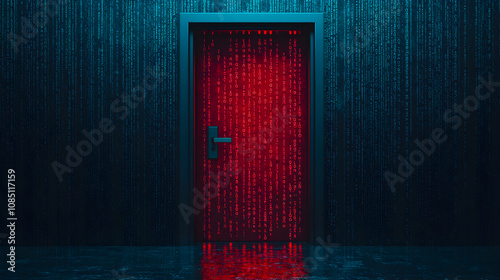 Unlocking the future mysterious red door surrounded by digital code in a futuristic environment