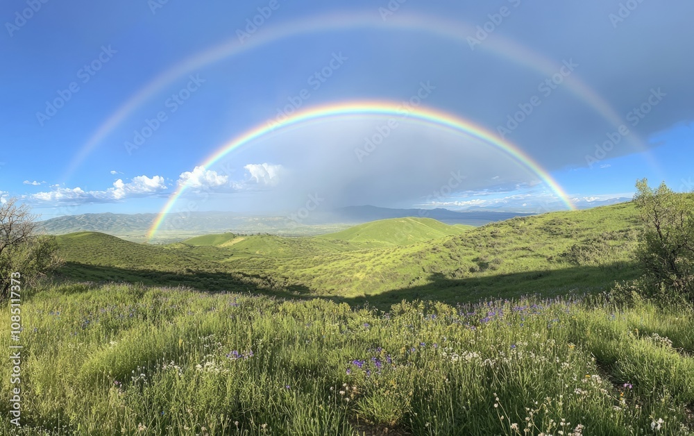 Naklejka premium Rainbow After Rain: A vivid double rainbow arching across a clear sky after a rainstorm, stretching over a lush green valley with scattered wildflowers 