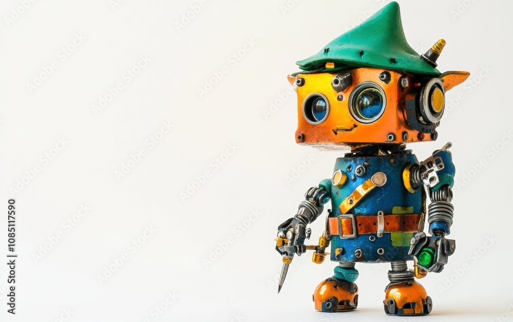 Robot Elf: A small, colorful robot dressed as an elf, with a green hat and belt, holding tiny tools for toy-making, on a white background Robot Elf: A small, colorful robot dressed as an elf, with a green hat and belt, holding tiny tools for toy-making, on a white background