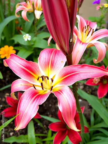 Deadheading lilies in the garden. photo