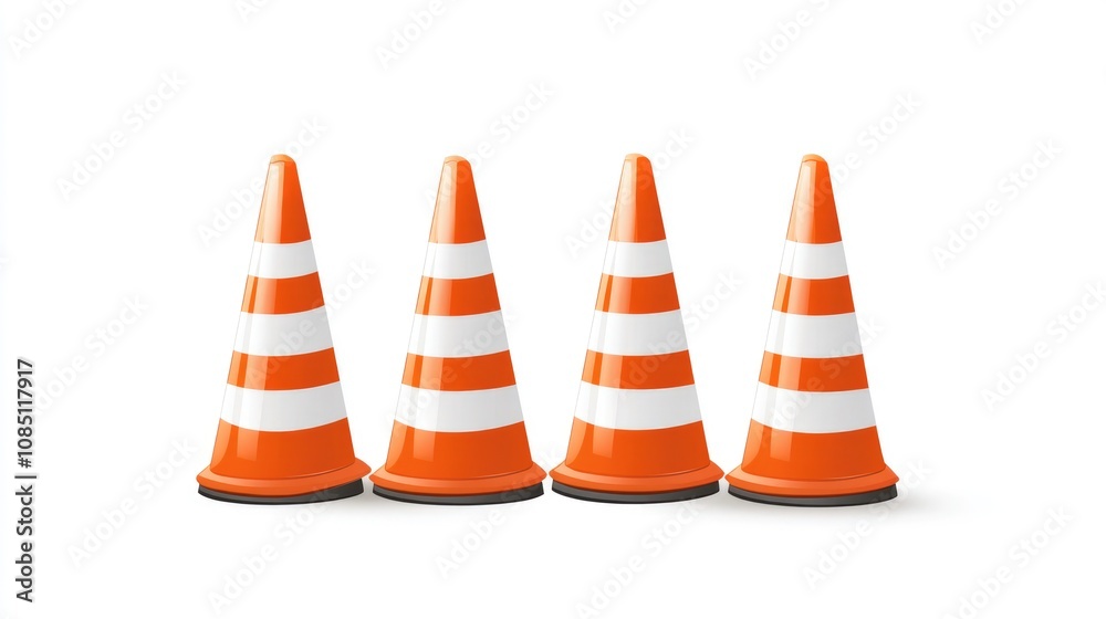 Four Orange Traffic Cones in a Row on White Background Four Orange Traffic Cones in a Row on White Background