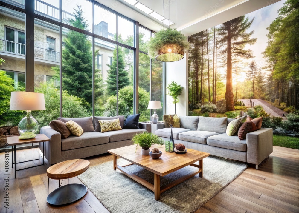 Fototapeta premium Modern Living Room Interior Design with Large Windows, Double Exposure Photography, Bright and Airy Atmosphere, Stylish Decor, Contemporary Furniture, Natural Light, Cozy Ambiance