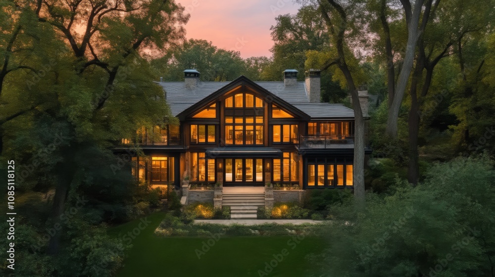 Modern Wooden House with Large Windows and Stone Facade Modern Wooden House with Large Windows and Stone Facade