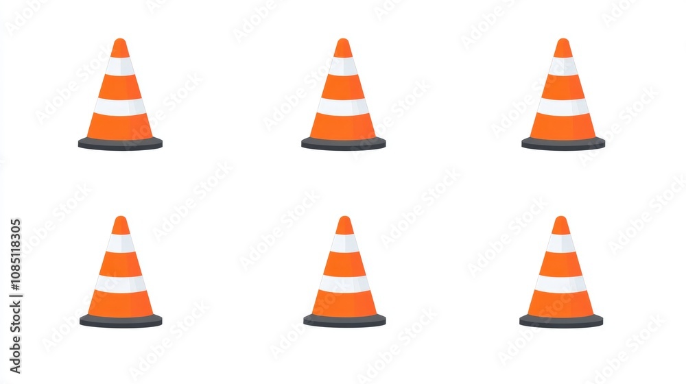 Six Orange Traffic Cones on White Background Six Orange Traffic Cones on White Background