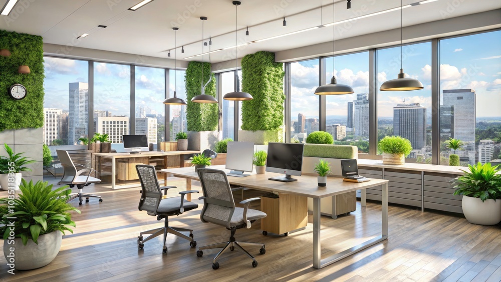 Fototapeta premium Modern Minimalist Open Office Space with Cityscape View â€“ Sleek Corporate Workspace Interior Design for Productivity and Inspiration