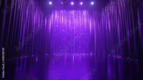  purple stgae showcase with purple light and silver glittering lights on purple curtain background in dark room