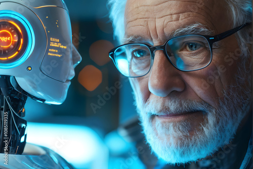 A man is looking at a robot with a computer screen on its face