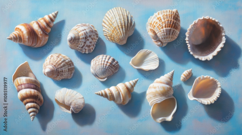 Seashells on Blue Background: A Coastal Still Life