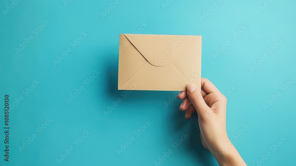 A hand holding a brown envelope against a vibrant blue background, conveying a sense of delivery or communication. Woman hands holding envelope on blue background, top view with copy space for text A hand holding a brown envelope against a vibrant blue background, conveying a sense of delivery or communication. Woman hands holding envelope on blue background, top view with copy space for text