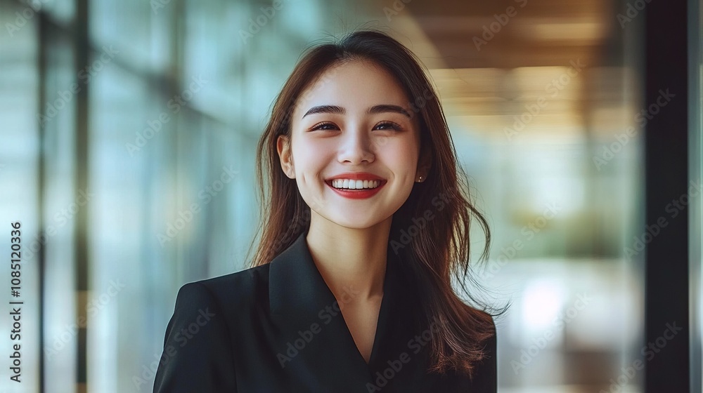 Confident Young Woman in Business Attire Smiling Joyfully in Modern Office Environment with Natural Light and Contemporary Architecture
