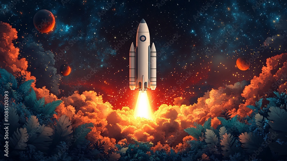 A conceptual image of a rocket launching amidst lush green leaves, symbolizing innovation, sustainability, and eco-friendly technological advancement