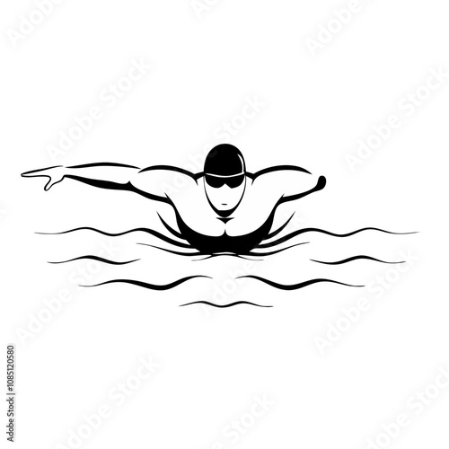 Paralympic swimmer performing butterfly stroke in transparent vector design, black-line drawing
