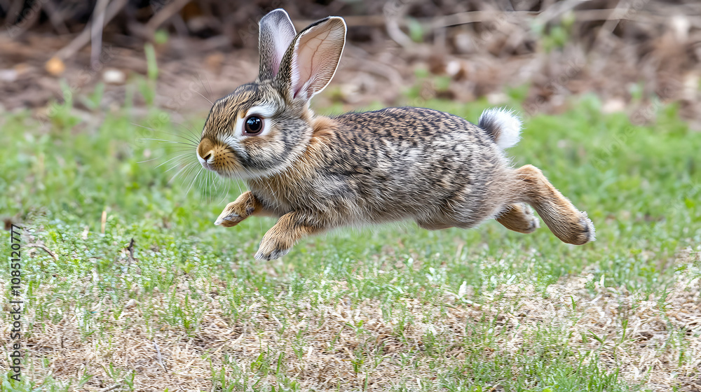 A baby rabbit hopping in a meadow, practicing its jumping skills and learning to avoid predators. A baby rabbit hopping in a meadow, practicing its jumping skills and learning to avoid predators.