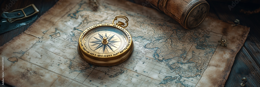 Old compass lying on a vintage map showing the way to new adventures ...