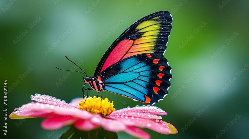 A vibrant butterfly with colorful wings perched on a pink flower, surrounded by a lush green background. A vibrant butterfly with colorful wings perched on a pink flower, surrounded by a lush green background.
