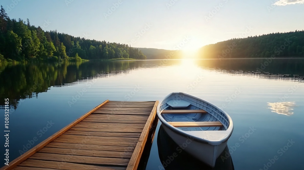 A serene lake scene featuring a wooden dock and a small boat, bathed in warm sunlight during sunrise, surrounded by lush trees. A serene lake scene featuring a wooden dock and a small boat, bathed in warm sunlight during sunrise, surrounded by lush trees.