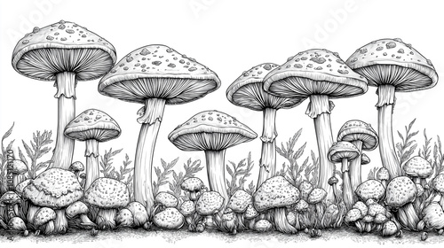 Vector illustration of mushrooms in black and white line art style. Hand drawn abstract art. photo